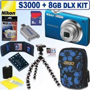  Nikon Coolpix S3000 12MP Digital Camera Blue + 8GB Deluxe 