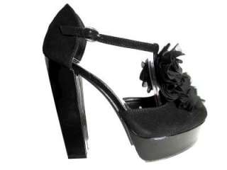 Womens Black Chunky High Heel Ruffle Front Shoe UK Ladies Size 3 8 