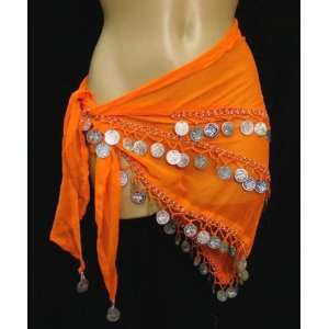  ~ Hot Belly Dancers Silver Coins/Beads Orange Hip Scarf 