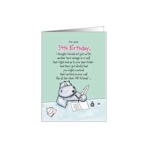  34th Birthday   Humorous, Whimsical Card with Hippo Card 