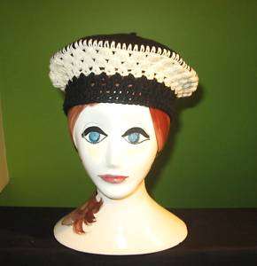 Lola Wool Crochet Beret Hat Chapeaux Black Cream  