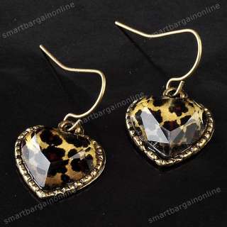 Retro Heart Leopard Print Dangle Chandelier Hook Earrings Golden 