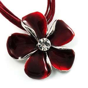  Burgundy Red Enamel Flower Cord Pendant Necklace: Jewelry