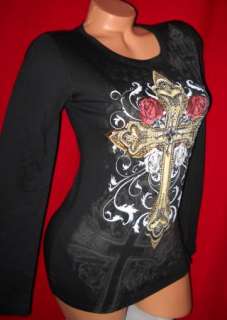   & ROSES tattoo Long Sleeve T shirt top GOTHIC Ornate NEW M  