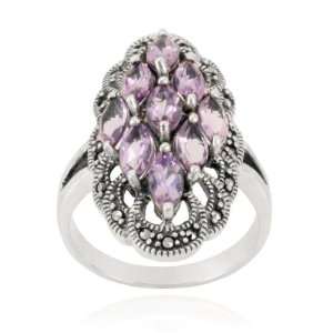 Sterling Silver Marcasite and Amethyst Multi Stone Marquise Ring, Size 