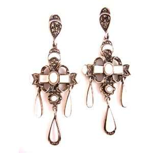   Silver Marcasite and Mother of Pearl Chandelier Earrings: Jewelry