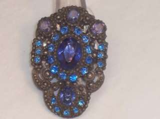 Art Deco Blue & Purple Rhinestone Ornate Dress/Fur Clip  