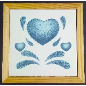  Corning Blue Hearts Wood Frame Trivet, Fine China 