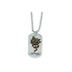   Stainless Steel Ed Hardy Painted Rose Dog Tag 24in Necklace Jewelry
