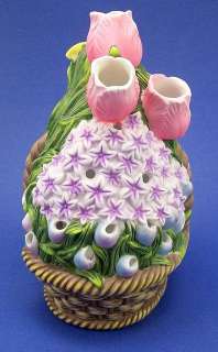 Partylite Ceramic Basket Of Flowers Tealight Holder 8  