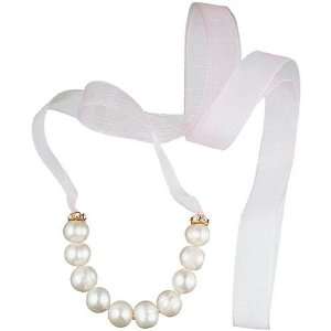  Genuine White Pearl Pink Ribbon Necklace Jewelry