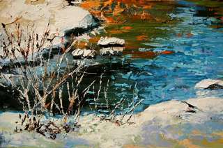 ORIGINAL MODERN WINTER SNOW RIVER THAW Palette Knife Oil Paintings 