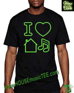 NEON GREEN Logo I LOVE HOUSE MUSIC Tee T shirt dance  