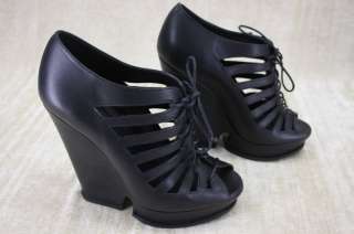 Yves Saint Laurent YSL Hortense Lace Up Wedge Black Leather booties 