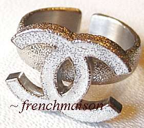 AUTHENTIC CHANEL CC Logo White Silver Shimmer Snow Classic Charm RING 