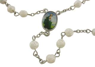 Pearl White Rose Bead Rosary Necklace Crucifix Catholic  