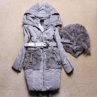   Real Rex Rabbit Fur Long White Duck Down Coat Jacket Beige S~L  