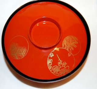 Lacquer Orange, Black and Gold Japanese Rice/Soup Bowls with Lids 