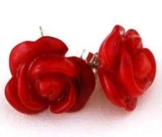 Charming Red Sea Coral Carved Rose Earrings pair  