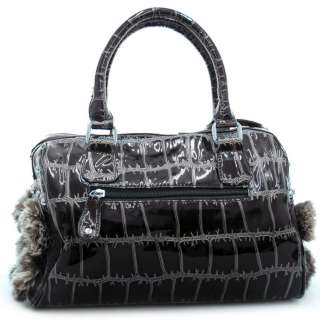 Shiny croco texture embossed satchel bag handbag w/ faux fur flower 