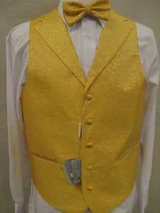 Mens Suit Tuxedo Dress Vest Necktie Bowtie Hanky Set Gold Yellow 