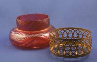 Vintage Czech Loetz Glass Company Red Iridescent Swirl Vase Brass Frog 