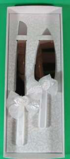 New Wedding Knife and Cake Server Set with White Handles and Satin 