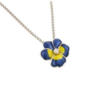  Sterling Silver Hand Enameled Pansy Necklace with Diamond 