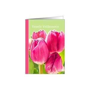 Veselé Velikonoce, Czech Happy Easter card, pink tulips Card