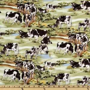  44 Wide Cattle Call Dairy Cows Green Fabric By The Yard 