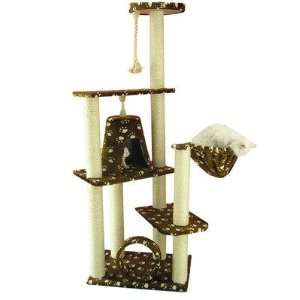  66 Faux Fur Cat Tree in Saddle Brown with White Paw Print 