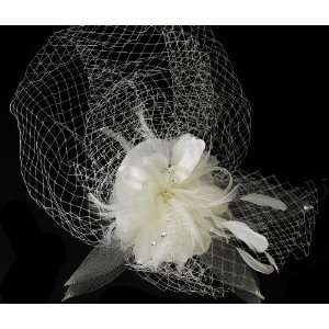 Ivory Russian Cage Veiling Bridal Hat with Swarovski Crystal & Feather 