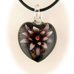 Purple Murano Glass Flower Heart Pendant 16 InchRubber Cord Necklace 