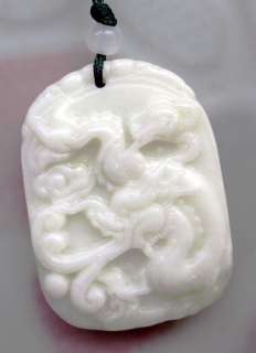 White Green Jade Lucky Dragon Spit Pearl Amulet Pendant  