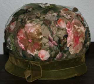 Mr Charles Vintage Floral Hat Green Velvet Pink Flowers Union Made 