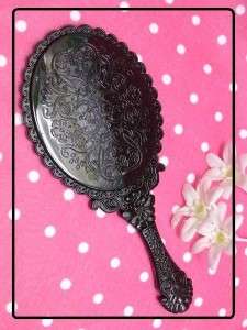 Anna Sui Style Vintage Shabby Black Hand Held Large Mirror Vanity 