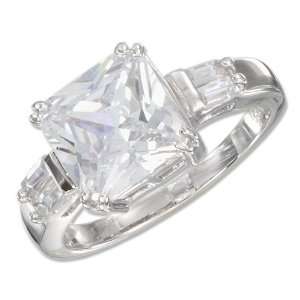   9mm Princess Cut Clear Cubic Zirconia Ring with Baguettes: Jewelry