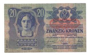Austria/Hungary 20 Kronen 1913 XF CRISP Banknote P 53 RARE  
