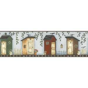 Light Blue Brown Outhouse Wallpaper Border  Kitchen 