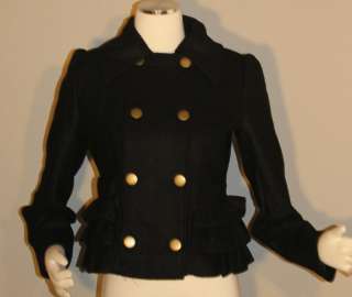 TULLE Cute! BLACK Wool Coat Blazer Jacket w/ Lower Side Ruffles: XS, S 