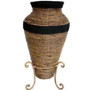   Banana Leaf & Steel Rattan Look Floor Vase with Decorative Stand: Home