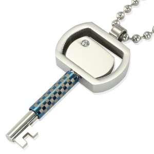 Stainless Steel Cubic Zirconia Rotating Key with Blue Lattice Pendant 