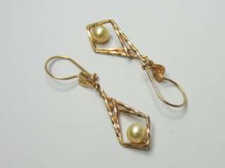 Vintage 16K (14K 18K) Solid Y Gold Pearl Dangle Drop Earrings  