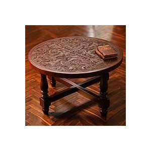  NOVICA Mohena wood and leather accent table, Floral 