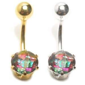  14K Gold Belly Ring with Amazing Round Mystic Topaz, White 