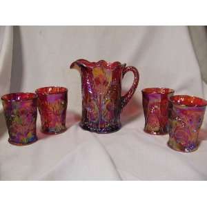  Red Carnival Glass Inverted Thistle 5PC Water Pitcher 