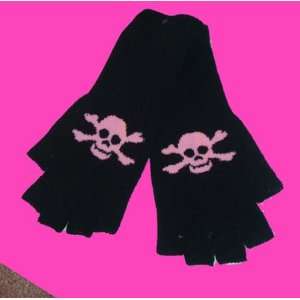  Black Knit Fingerless Pink Skull and Crossbone Gloves 