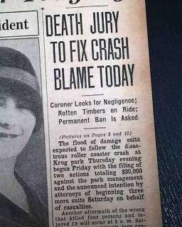 1930 ROLLER COASTER CRASH Krug Park Omaha NE Newspaper  