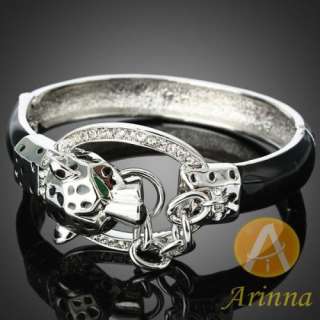 ARINNA black enamel leopard circle bangle bracelet white GP swarovski 