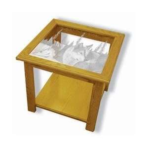   Etched Glass End Table   Blue Morning Tracker (Wolves)